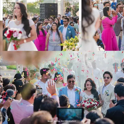 A collage showing the bride's joyful entrance and the couple's exit amidst a shower of confetti at their white wedding in Delhi.