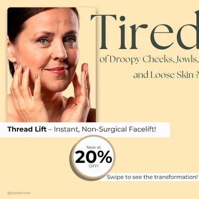 If you're concerned about droopy cheeks, jowls, or loose skin, a Thread Lift offers an instant, non surgical facelift. This graphic introduces the treatment and our limited time 20% discount.