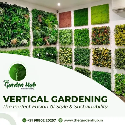 Our vertical gardening service is the perfect fusion of style and sustainability. This promotional image showcases a variety of green wall panels, demonstrating the different textures and colors we can use to create a living art piece for you.