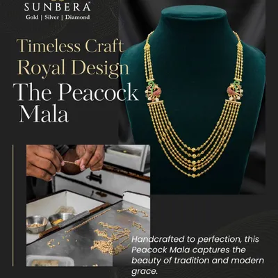 This graphic captures the essence of my Peacock Mala, a piece that blends traditional motifs with modern grace. It also offers a glimpse into the handcrafted process, showing how I bring these royal designs to life.