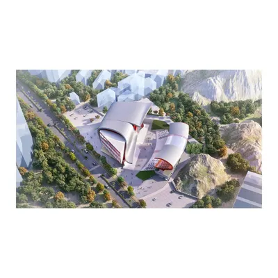 This aerial rendering illustrates the core master planning concept. The layout organizes the site to manage large crowds, separating vehicle and pedestrian access while creating a central public plaza that connects the indoor gym, outdoor arena, and surrounding parkland.