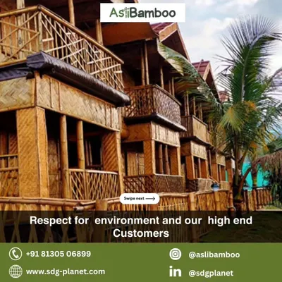 This image showcases a multi-story resort structure built entirely from bamboo. The design features private balconies and intricate railings, demonstrating how bamboo can be used to create complex and beautiful architectural forms that respect the environment.