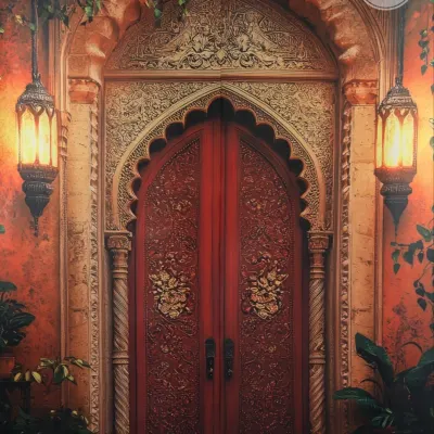 This backdrop features an ornate, red arched doorway with intricate carvings, flanked by warm lanterns, perfect for a royal or Arabian theme.