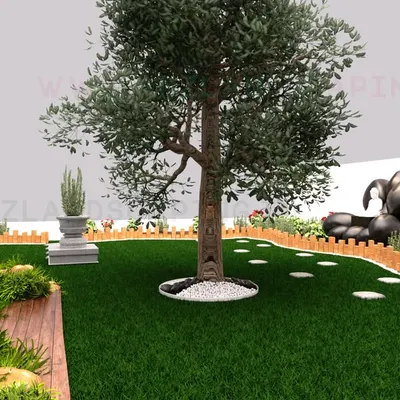A 3D render of a garden design, showcasing a central tree, a small pond, an elephant-shaped fountain, and a gazebo. This visualization helps clients approve the layout before construction.