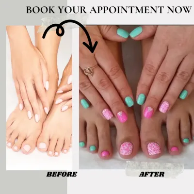 A full before-and-after of a mani-pedi service. We transformed plain nails into a fun, colorful set with bright pink and turquoise polish and glittery art.