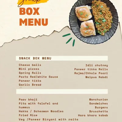 A look at my sample snack box menu to give you some ideas. I offer a wide range of items from cheese balls and mini pizzas to pav bhaji and paneer biryani, covering multiple cuisines.