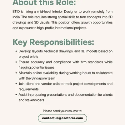 A detailed description of a remote Mid-Level Interior Designer role with Eso Torra Indesigns, requiring collaboration with their Singapore team.
