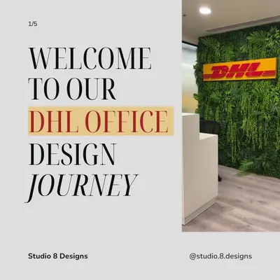 Welcome to our DHL office design journey. This project was all about creating a space that reflects the brand's energy. The reception features a lush green wall, making a bold first impression.