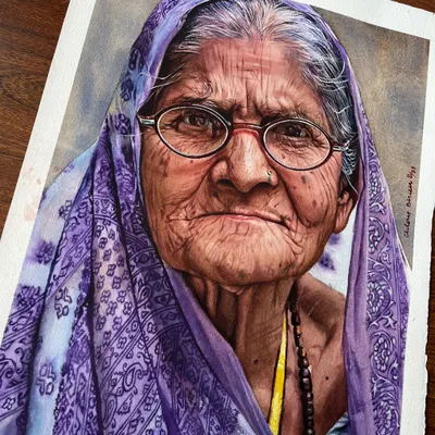 This 2021 watercolor portrait of an elderly woman is a study in capturing wisdom and experience. The detailed wrinkles and the direct gaze were my focus, aiming to show a life story in a single expression.