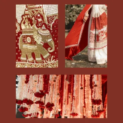 A collage of beautiful red and white details from a Bengali wedding. It features the intricate embroidery on the bride's saree, the flowing decor, and other elements that create a cohesive and stunning visual theme.