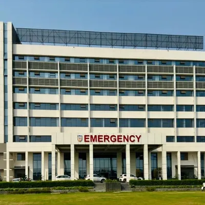 The emergency entrance of the Indraprastha medical institute, a critical component of the hospital's design. I managed the construction to ensure it is both functional for urgent care and architecturally impressive, serving as the main entry point for the facility.