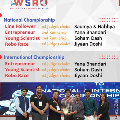 A summary of our students' incredible performance at the WSRO 2023 National and International Championships, securing top spots in Line Follower, Entrepreneur, Young Scientist, and Robo Race categories.