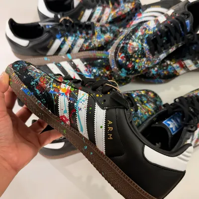 A close-up of one of the nine pairs of custom "Samba Splatter" sneakers I made for a private client. Each one has a unique splatter pattern, making it a true one-of-one.