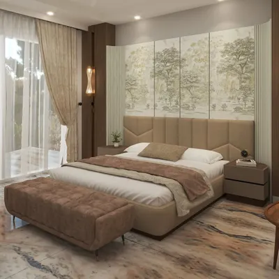 This master bedroom design features a sophisticated beige and brown theme with a statement wallpaper behind the bed, creating a warm and inviting atmosphere.