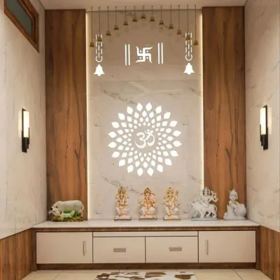 This modern pooja unit is defined by its striking backlit Om mandala and Swastik symbols. The gentle light creates a peaceful ambiance, beautifully complementing the white marble finish and warm wood side panels.