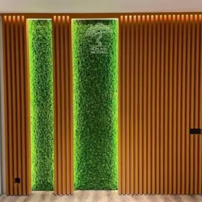 A finished office partition wall I designed and installed. The combination of natural wood textures, integrated lighting, and a vertical green garden element creates a welcoming and impressive entrance for any modern workspace.