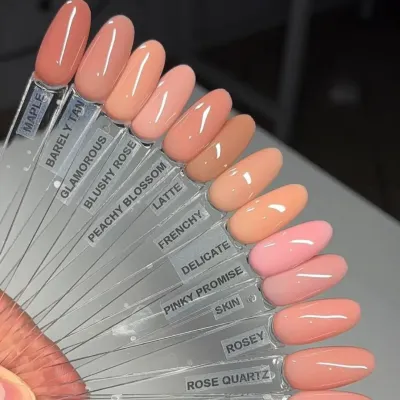A swatch palette showcasing our wide range of high-quality nude and neutral gel polishes, from maple to rose quartz.