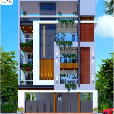 A proposed elevation design for Mr. Hussain's multi-level residential building. This concept features extensive use of glass for balconies, contrasting wood and stone textures, and vertical design elements to create a sense of height and grandeur.