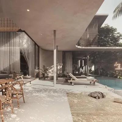 The House of Veils is designed for seamless indoor-outdoor living. The main social spaces flow directly onto the pool deck, with large glass walls and flowing overhangs creating a unified area for relaxing and entertaining.