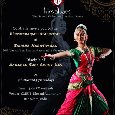 An invitation to my disciple Sahana Narasimhan's Bharatanatyam Arangetram. Preparing a student for this moment is a journey of shared discipline and dedication.
