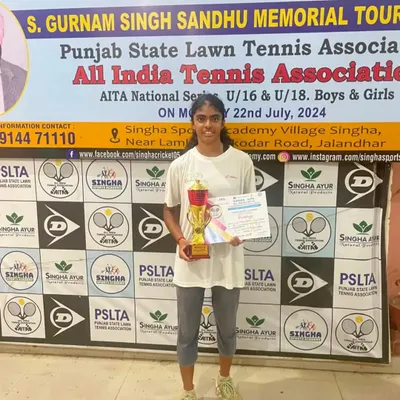 A series of photos celebrating Manvi Gupta's hat-trick of U16 and U18 titles, showcasing her consistent dominance at All India level tournaments.