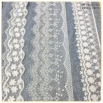 An assortment of intricately beautiful white crochet laces. The variety of floral and scalloped patterns adds grace and elegance to gowns, dresses, and other apparel.
