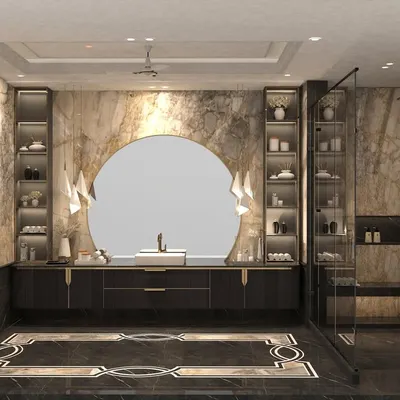 Elevating everyday moments with the timeless elegance of stone. This expansive bathroom features a massive circular mirror, dual vanities, glass-fronted storage, and beautiful floor-to-ceiling marble.