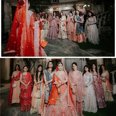 A beautiful portrait of the bride with her bridesmaids, capturing the bond of friendship and the collective joy of the wedding day.
