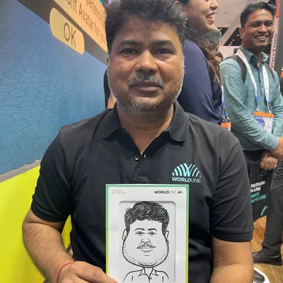For corporate clients, we offer branded caricatures. At this exhibition for Worldline, each sketch was done on paper with the company logo, making for a perfect piece of marketing memorabilia.