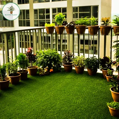 This Noida flat balcony proves that size doesn't matter when it comes to creating a garden. By laying down soft artificial turf and lining the railing with a variety of potted plants, I created a beautiful and low-maintenance green escape just steps from the bedroom.