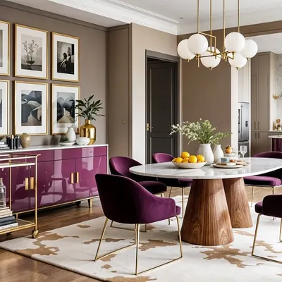 Here, I'm exploring how purple can bring a unique energy to a dining area. The glossy purple sideboard and velvet chairs add a bold, expressive touch to this modern space.