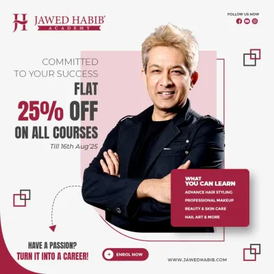 Take the first step towards your new career with a special 25% discount on all our professional courses. This offer is valid for a limited time, so enroll now to learn advanced hair styling, professional makeup, and nail art from industry experts.