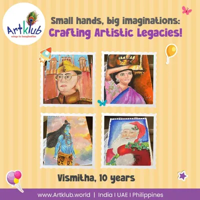 We are incredibly proud of the sophisticated work our older campers produce. This collection by 10-year-old Vismitha shows the range we explore, from detailed portraits of historical figures to vibrant depictions of cultural icons. Our curriculum for older kids is designed to challenge them and refine their traditional painting and drawing skills.