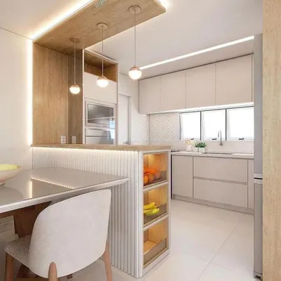 A 3D render of a bright and airy open kitchen concept. This design features light wood and cream-colored handle-less cabinets, a functional island that doubles as a dining space, and integrated lighting to create a warm, welcoming environment.