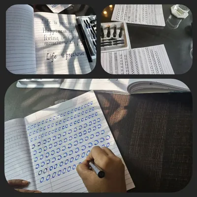 Handwriting is an art form. This collage shows the foundational practice that goes into my calligraphy and handwriting improvement classes. We work on everything from basic strokes to forming beautiful, confident letters.