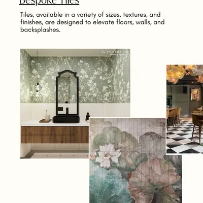 A collection of our bespoke tile capabilities. This includes floral pattern tiles for a bathroom, a large-scale lotus mural, and classic checkerboard flooring, all designed to elevate walls, floors, and backsplashes.