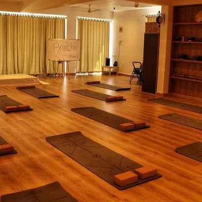 The studio prepared for a class, with mats and blocks neatly arranged. This space is a sanctuary for healing, growth, and community, and I invite you to join us on the mat.