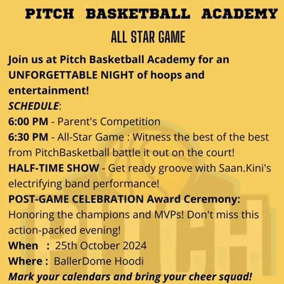 The schedule for our All-Star Game night, an unforgettable evening of hoops and entertainment for the entire academy community.
