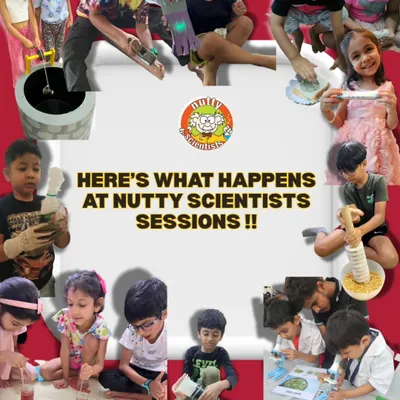 This collage captures the essence of a Nutty Scientists session: hands-on experiments, focused learning, messy fun, and proud creators.