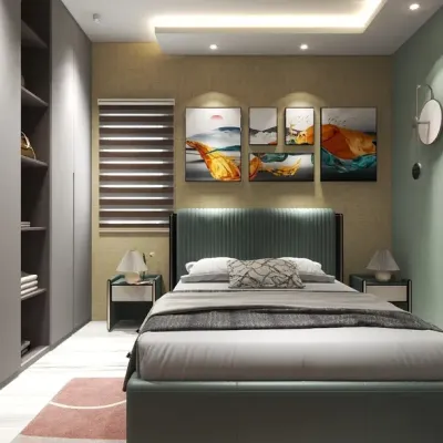 A tranquil bedroom at Godrej Park Retreat, featuring a soothing color palette, modern artwork, and a comfortable bed that invites you to unwind.
