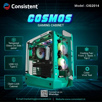 The Cosmos gaming cabinet in vivid teal offers a unique open-look design for showcasing your build. It supports ATX motherboards, features a tempered glass side panel, includes five RGB fans, and provides modern connectivity with a front-panel USB Type-C port.