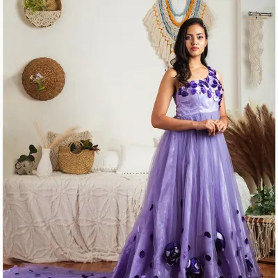 This lavender gown with a long, flowing train looks incredible in my Boho-Chic setup. The neutral tones of the backdrop make the color of the dress stand out beautifully.