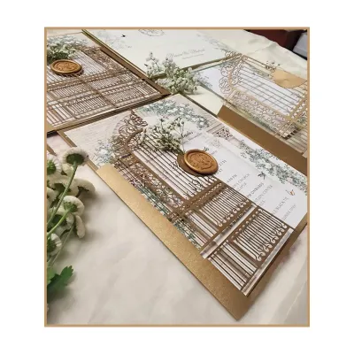 An enchanted fairytale wedding comes to life with this intricate laser-cut gatefold design. Finished with a custom wax seal, this physical invitation offers a tangible sense of magic and anticipation for the special day.
