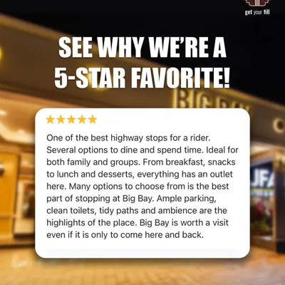This 5-star review from a rider calls us one of the best highway stops, highlighting our dining options, ample parking, and clean facilities.