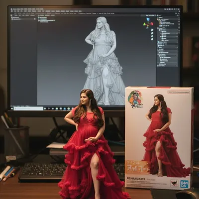 I transform your cherished photographs into stunning 3D figurines. This piece, created from a client's maternity shoot, captures the drama and beauty of her ruffled red gown. You can see the digital sculpture on the screen, the final figurine, and the custom collectible box it comes in.