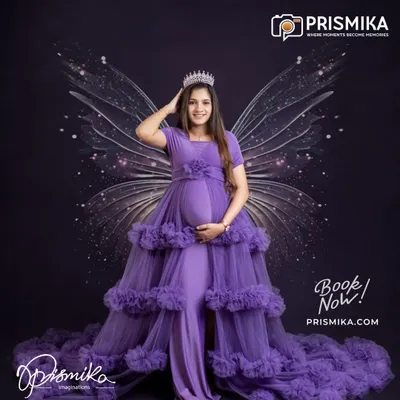 Feel like royalty during your maternity session. This portrait showcases our popular purple ruffled gown, paired with a delicate crown and magical fairy wings, to create an unforgettable, enchanting image of your pregnancy.