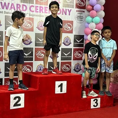 A proud moment for the academy as our 6-year-old player, Advit Mishra, stands on the winner's podium. His victory in the U-7 Boys Singles at the Delhi State Badminton Championship is an inspiration.