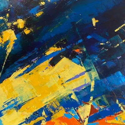 This abstract from my 'Confluence' series is all about the collision of energy. The vibrant yellows and deep blues clash and blend, creating a dynamic visual experience with thick, expressive palette knife work. This piece has been sold to a private collector.