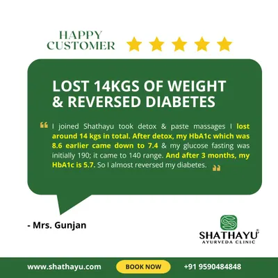 This testimonial highlights a significant patient achievement: losing 14 kgs and reversing diabetes through my personalized detox and massage programs. It shows how my approach can lead to measurable improvements in key health markers like HbA1c.