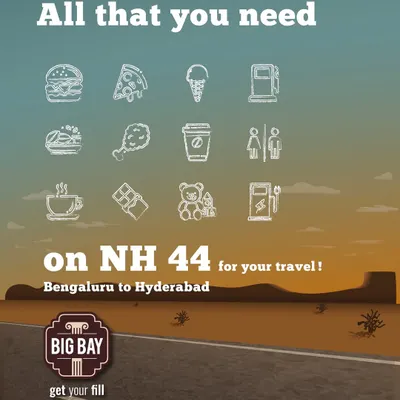 This graphic sums it up. Burgers, pizza, ice cream, fuel, clean restrooms, coffee, and even toys for kids. We have all that you need on NH44 for your travel.